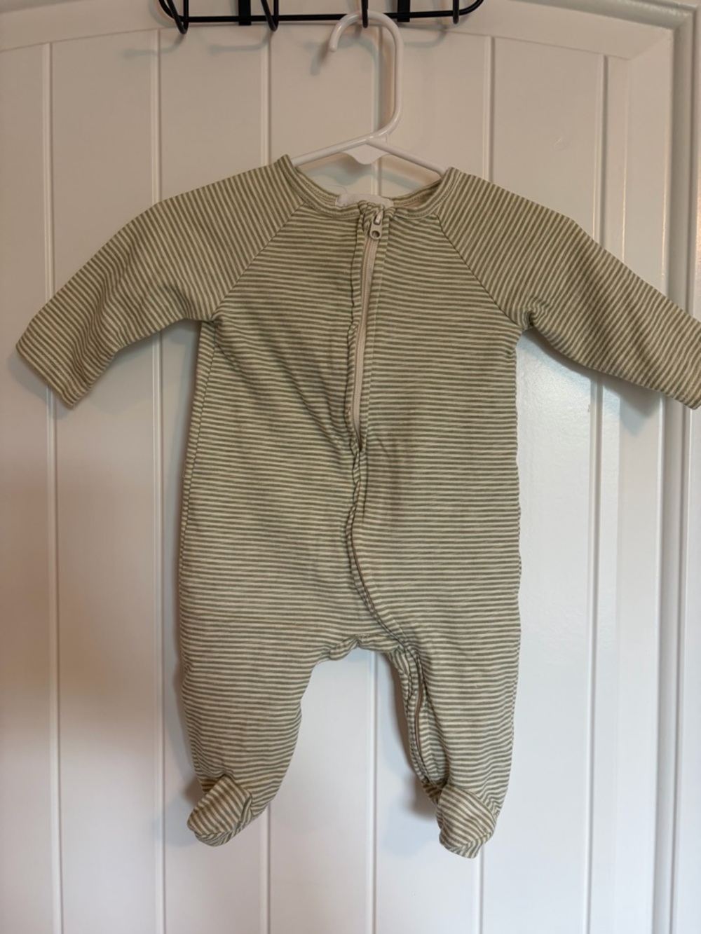 Striped Olive Baby Footed One-Piece with Front Zip